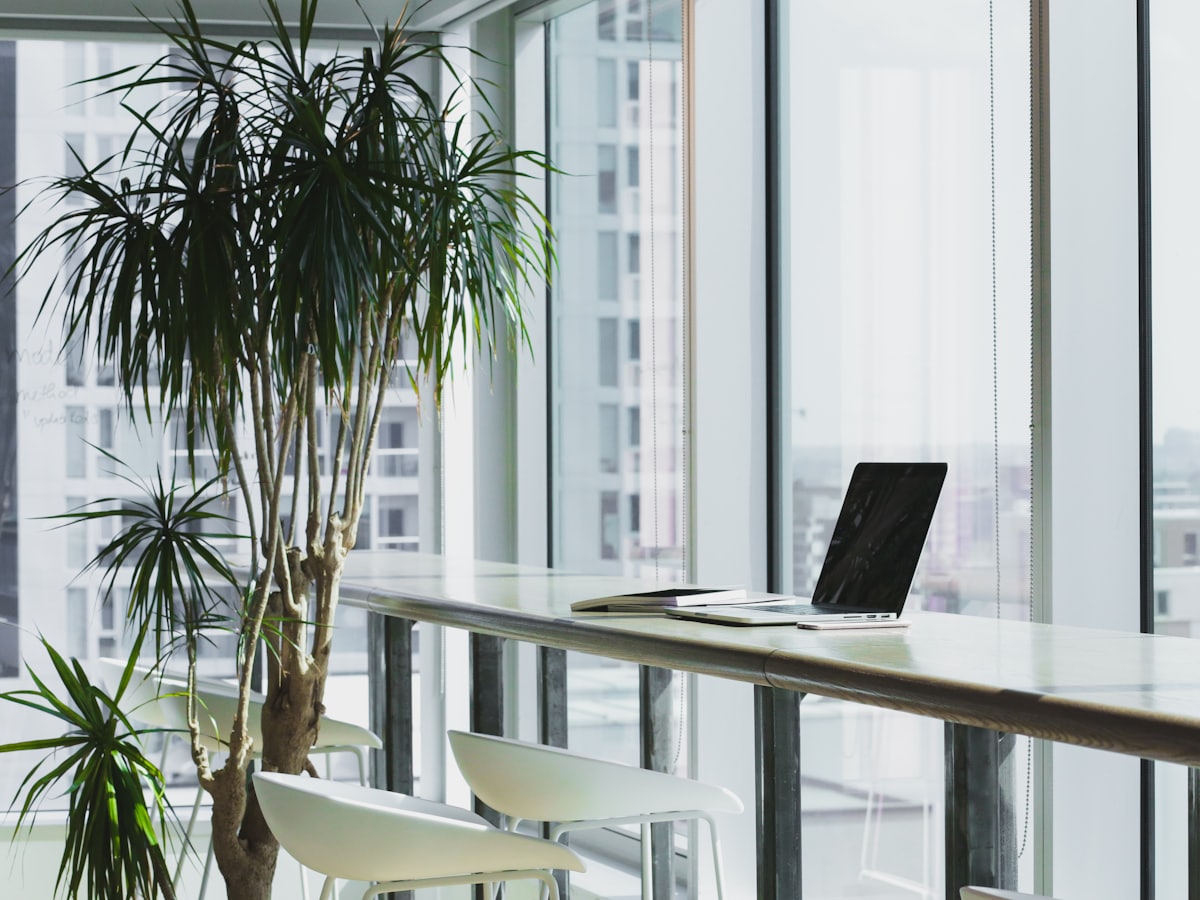 Bright modern office workspace overlooking the city