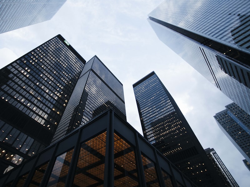 Corporate office towers viewed from street level