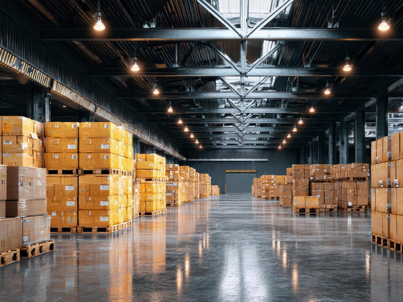 Warehouse floor stacked with palletised goods